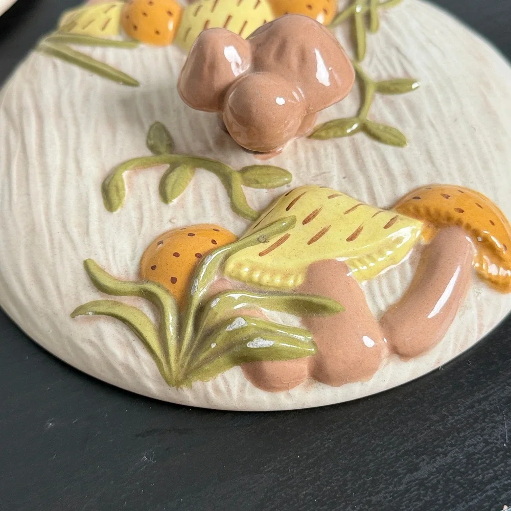 Vintage Ceramic Mushroom Casserole Dish with Lid and Plate 3 Piece Set